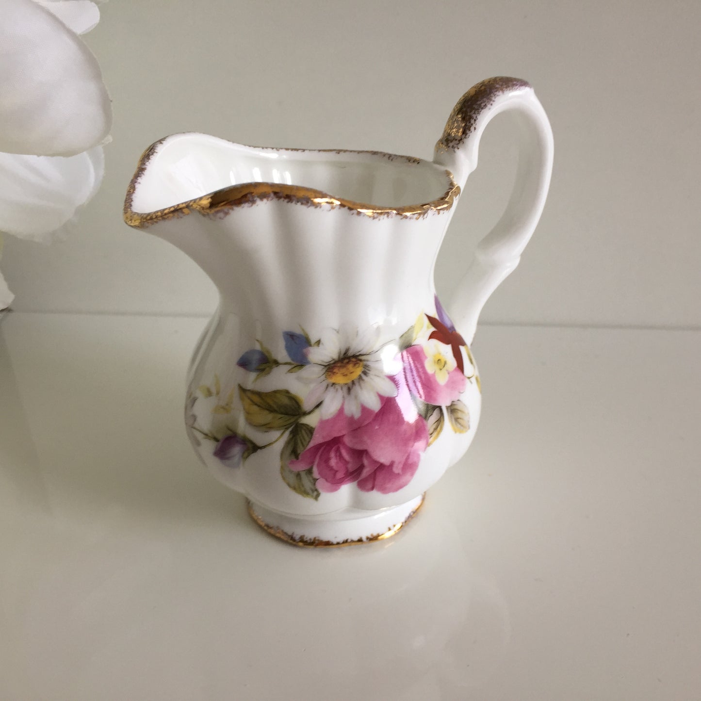 Vintage Fine Bone China Creamer with Summer Rose Pattern, Gilding