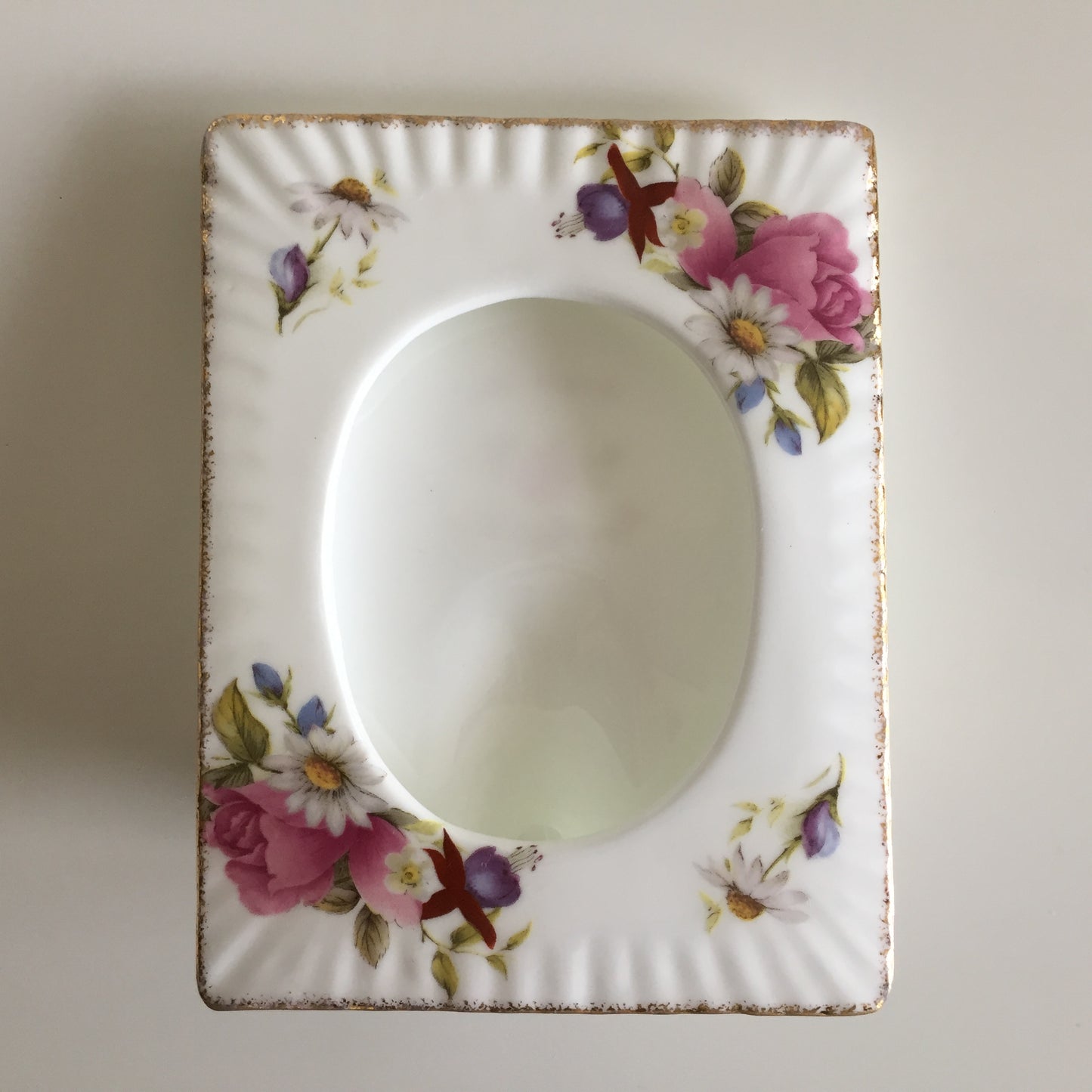 Vintage Floral Ceramic Photo Frame | Summer Rose, Fuchsias, Gold Edging