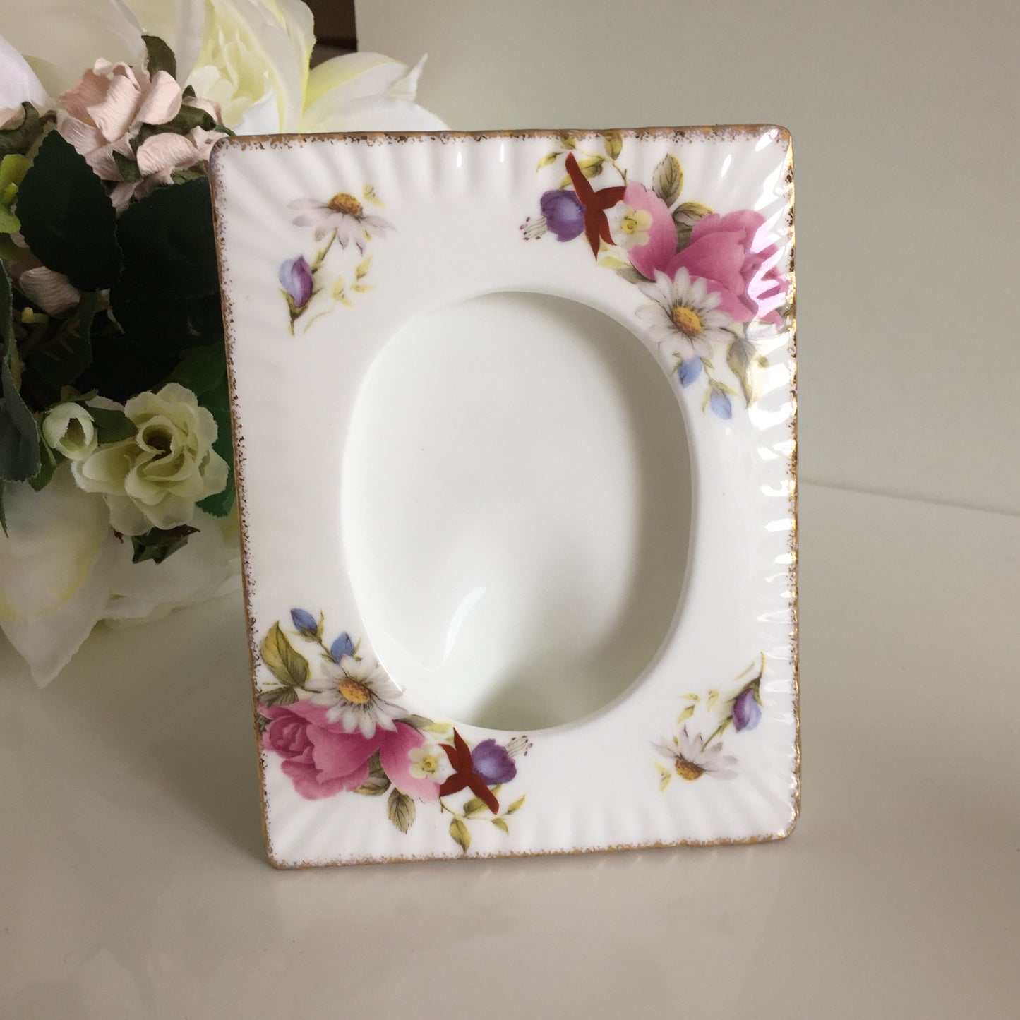 Vintage Floral Ceramic Photo Frame | Summer Rose, Fuchsias, Gold Edging