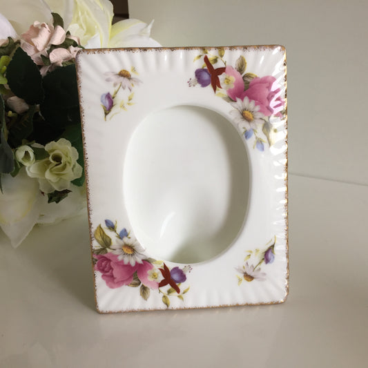 Vintage Floral Ceramic Photo Frame | Summer Rose, Fuchsias, Gold Edging