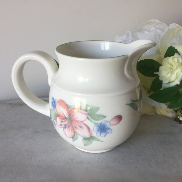 Vintage 1991 Royal Doulton Expressions 'Carmel' Made in England White Round China Milk Jug with Pastel Pink & Blue Floral Motif