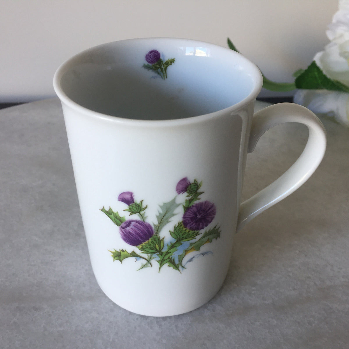 Vintage Coffee/tea Mug with Purple Scottish Thistle Botanical Design