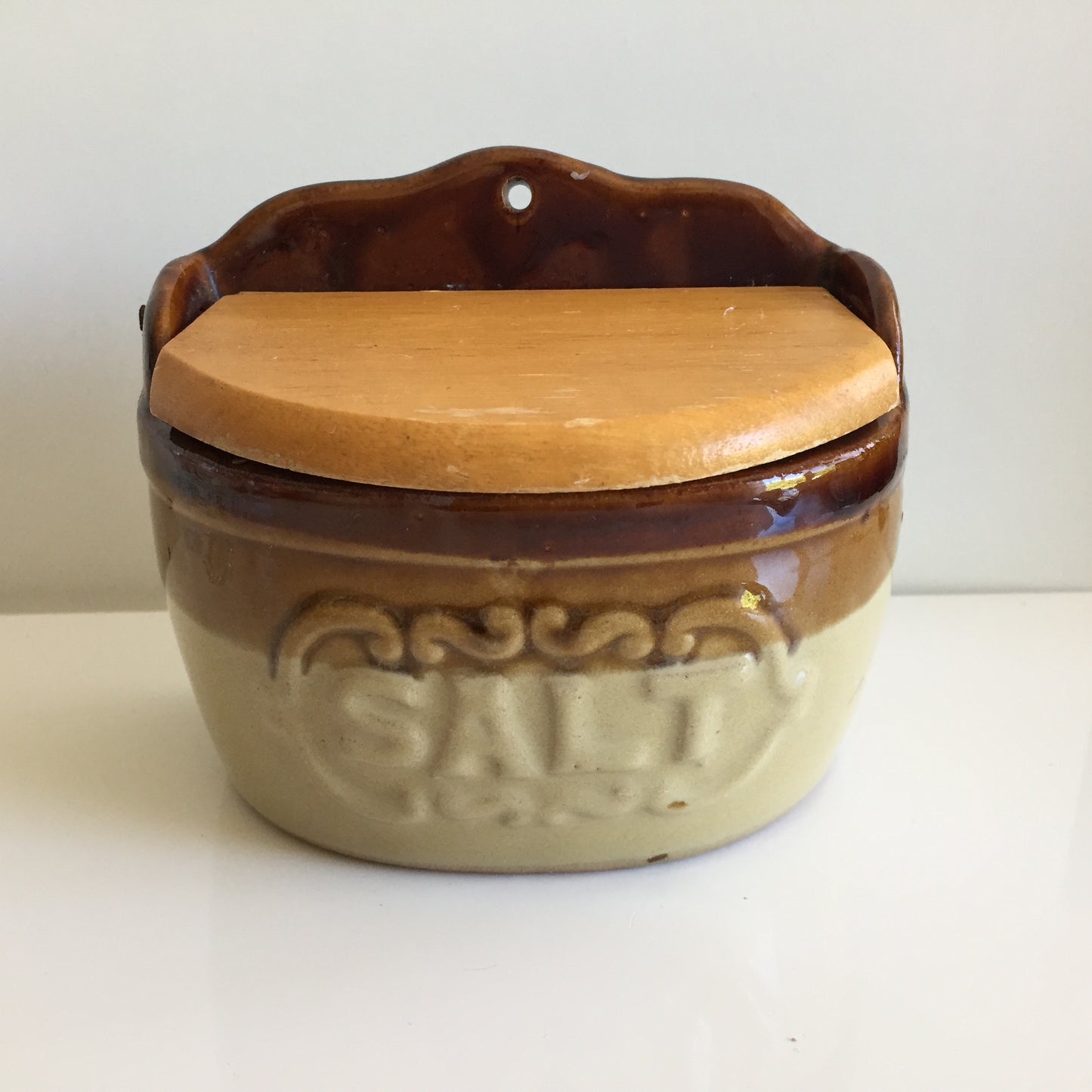 Vintage Ceramic Earthenware Salt Pig with Wooden Lid