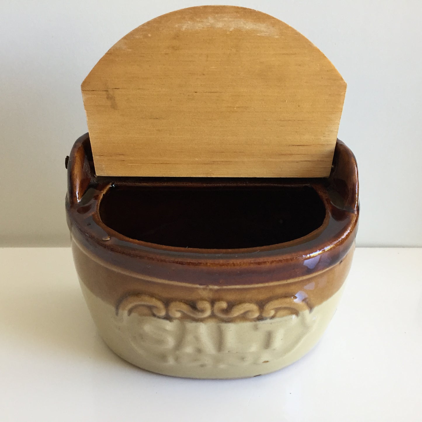 Vintage Ceramic Earthenware Salt Pig with Wooden Lid
