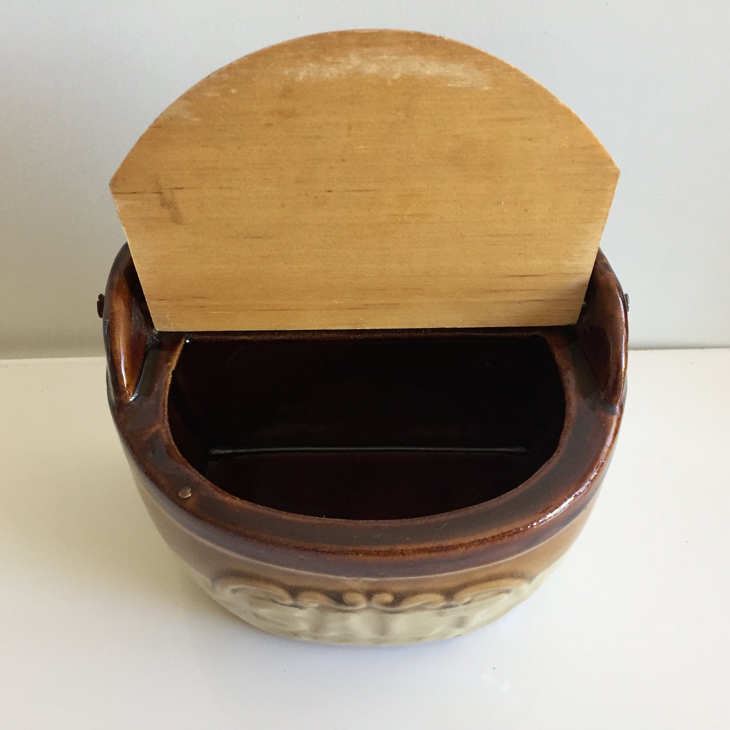 Vintage Ceramic Earthenware Salt Pig with Wooden Lid