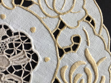 Load image into Gallery viewer, Vintage Madeira Embroidered Doily with Point de Venise Lace Insert