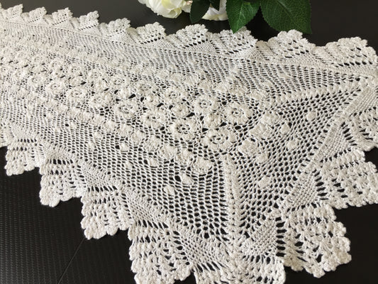 Off-White Cotton Crochet Lace 35.5" Table Runner | Vintage Wedding Decor