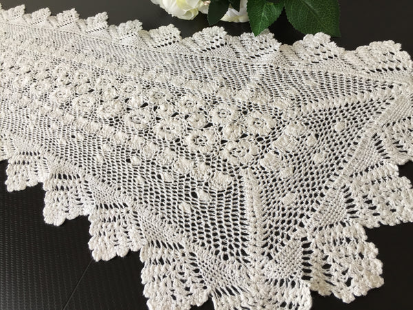 Off-White Cotton Crochet Lace 35.5" Table Runner | Vintage Wedding Decor
