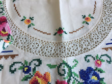 Load image into Gallery viewer, Hand Embroidered 41" Beige Cotton Floral Tablecloth with Crochet Lace