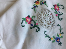 Load image into Gallery viewer, Hand Embroidered 41" Beige Cotton Floral Tablecloth with Crochet Lace
