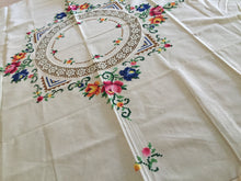 Load image into Gallery viewer, Hand Embroidered 41" Beige Cotton Floral Tablecloth with Crochet Lace