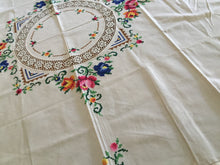 Load image into Gallery viewer, Hand Embroidered 41" Beige Cotton Floral Tablecloth with Crochet Lace