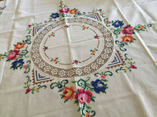 Load image into Gallery viewer, Hand Embroidered 41" Beige Cotton Floral Tablecloth with Crochet Lace