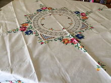 Load image into Gallery viewer, Hand Embroidered 41" Beige Cotton Floral Tablecloth with Crochet Lace