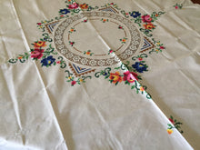 Load image into Gallery viewer, Hand Embroidered 41" Beige Cotton Floral Tablecloth with Crochet Lace