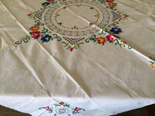 Load image into Gallery viewer, Hand Embroidered 41" Beige Cotton Floral Tablecloth with Crochet Lace