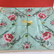 Load image into Gallery viewer, Unused Vintage Machine Embroidered Green Cotton Floral Supper Cloth with 4 Napkins