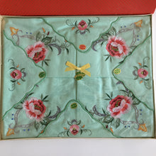 Load image into Gallery viewer, Unused Vintage Machine Embroidered Green Cotton Floral Supper Cloth with 4 Napkins