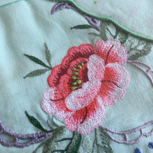 Load image into Gallery viewer, Unused Vintage Machine Embroidered Green Cotton Floral Supper Cloth with 4 Napkins