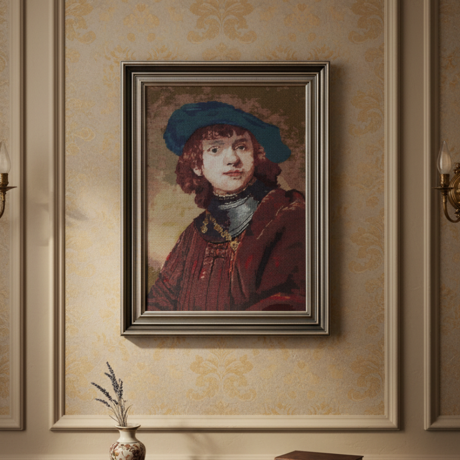 Large Framed Tapestry Picture. Gobelin Portrait of a Young Man
