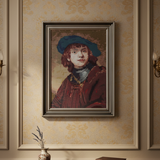 Large Framed Tapestry Picture. Gobelin Portrait of a Young Man