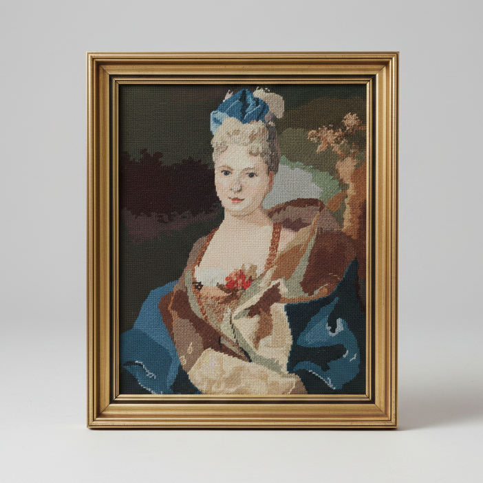 Vintage Needlepoint Tapestry Picture. Framed Rococo Style Gobelin Portrait of a Lady