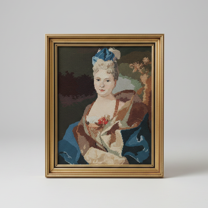 Vintage Needlepoint Tapestry Picture. Framed Rococo Style Gobelin Portrait of a Lady