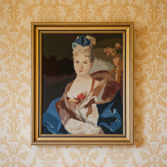 Vintage Needlepoint Tapestry Picture. Framed Rococo Style Gobelin Portrait of a Lady