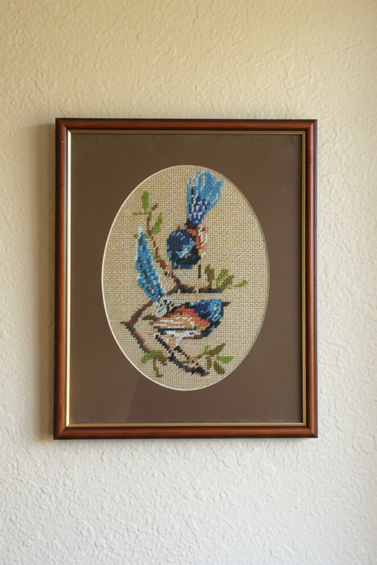 Framed Needlepoint Birds Picture. Mindanao Blue Fantail Birds on Beige Background Gobelin. Tapestry Picture