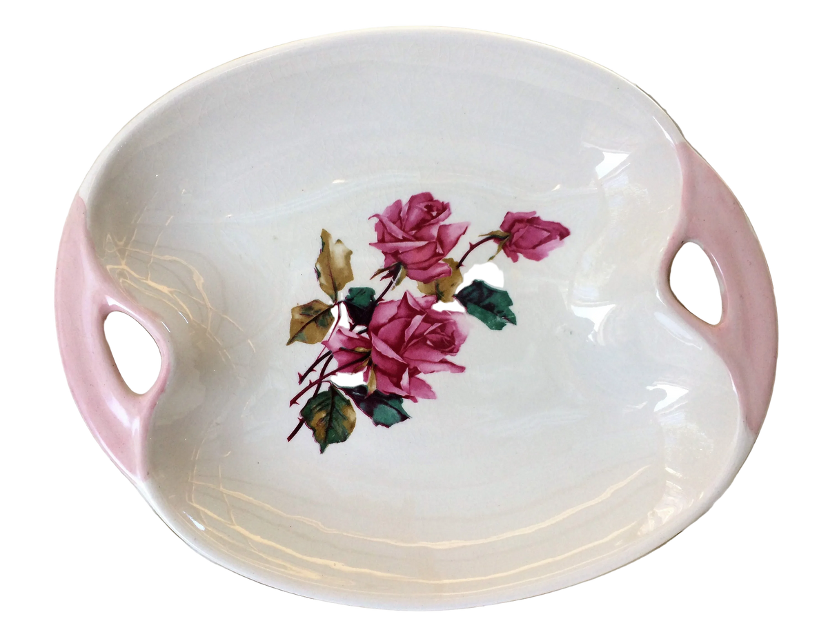 Lord Nelson Pottery England Vintage Oval Platter with Handles: Pink/Red Roses Design.