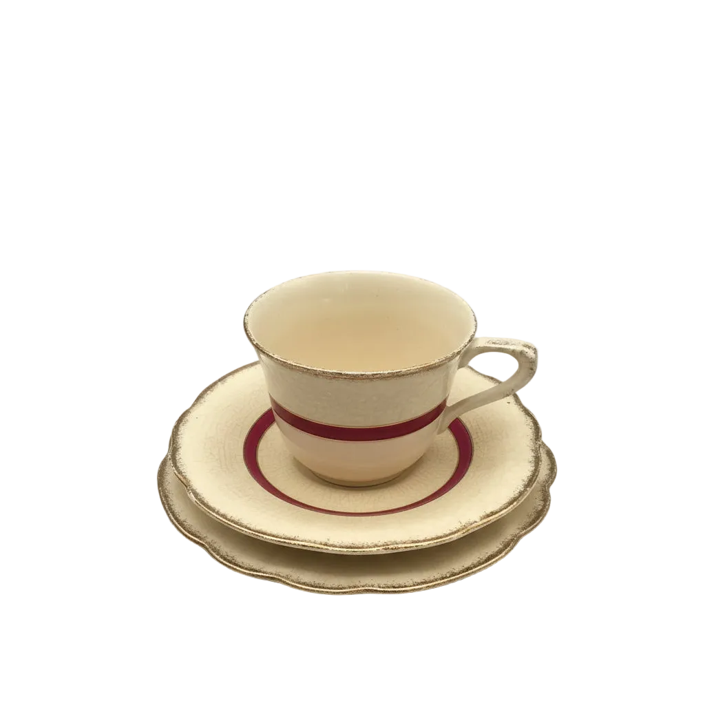 J & G Meakin Sunshine Crown MEK196 Pattern 3 Piece Demitasse Set Ivory, Burgundy and Gold