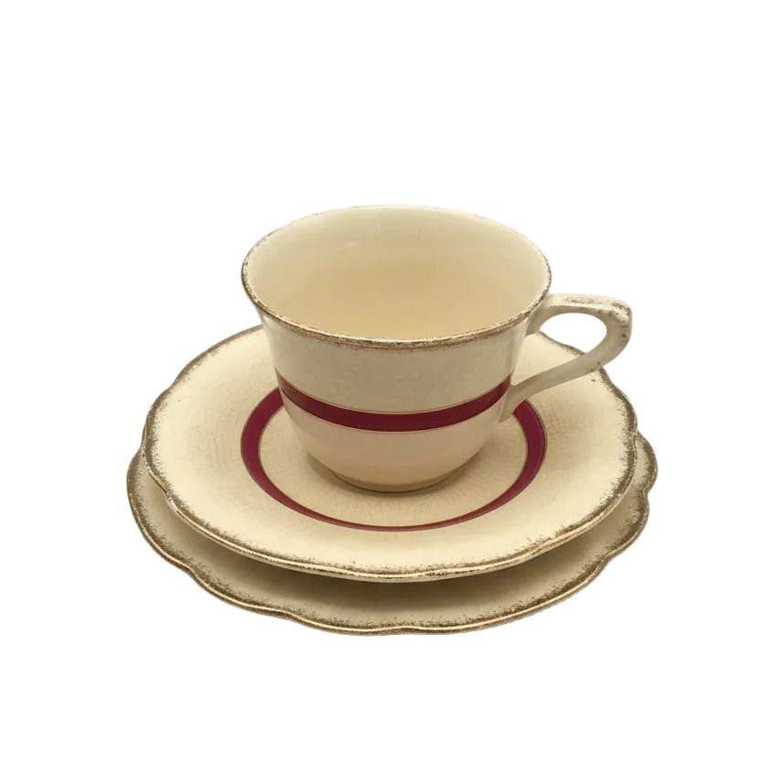 J & G Meakin Sunshine Crown MEK196 Pattern 3 Piece Demitasse Set Ivory, Burgundy and Gold