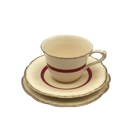J & G Meakin Sunshine Crown MEK196 Pattern 3 Piece Demitasse Set Ivory, Burgundy and Gold