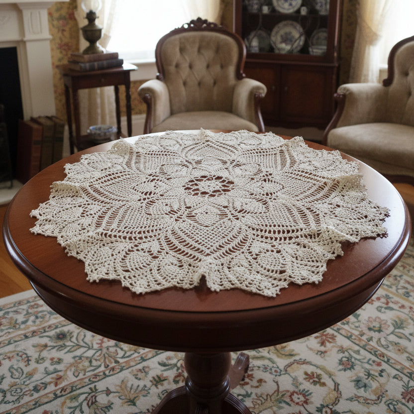 Handmade Small Round Ecru Crochet Tablecloth