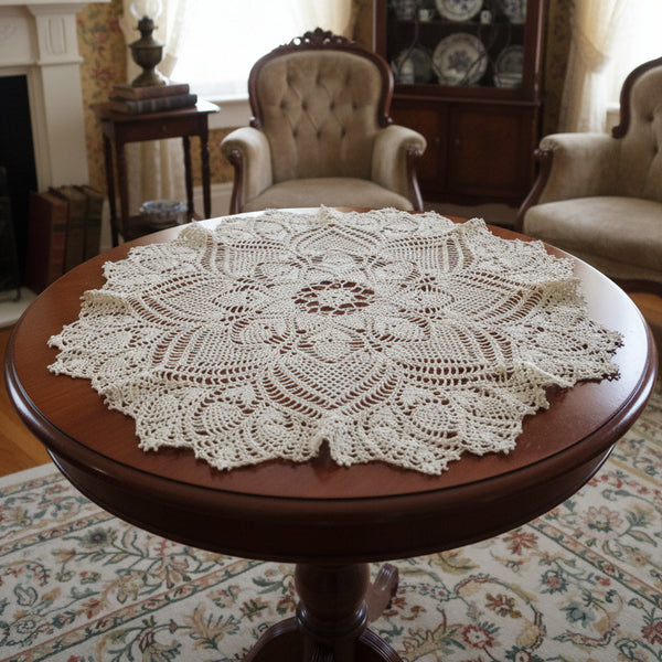 Handmade Small Round Ecru Crochet Tablecloth