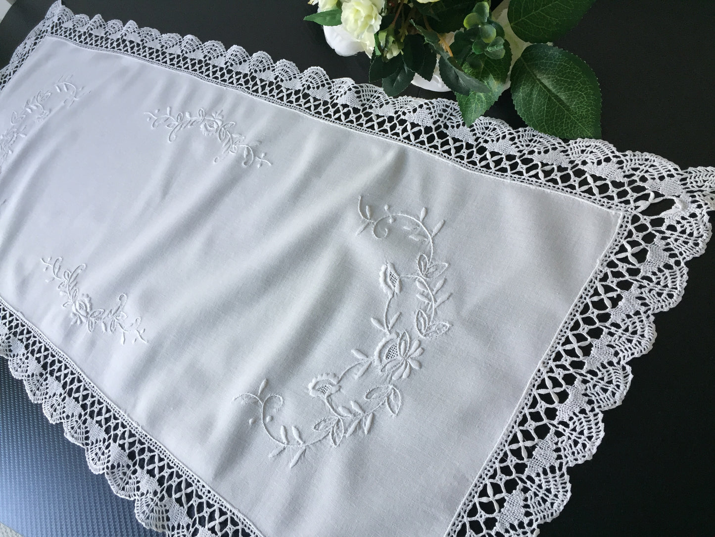 Hand Embroidered White Cotton Table Runner with Bobbin Lace Edging 1980s Vintage