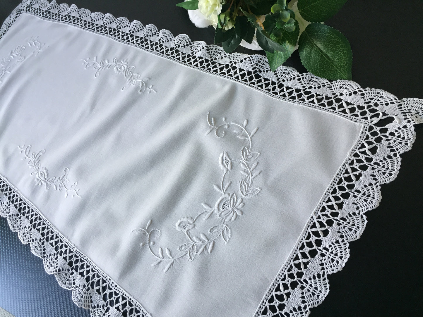 Hand Embroidered White Cotton Table Runner with Bobbin Lace Edging 1980s Vintage