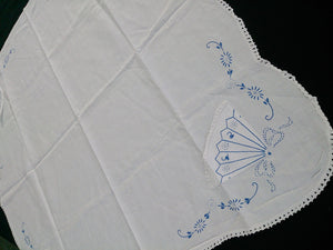 Vintage Embroidered Blue and White Square Linen Tablecloth with White Crochet Lace Edging