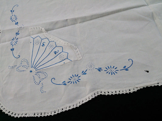 Vintage Embroidered Blue and White Square Linen Tablecloth with White Crochet Lace Edging