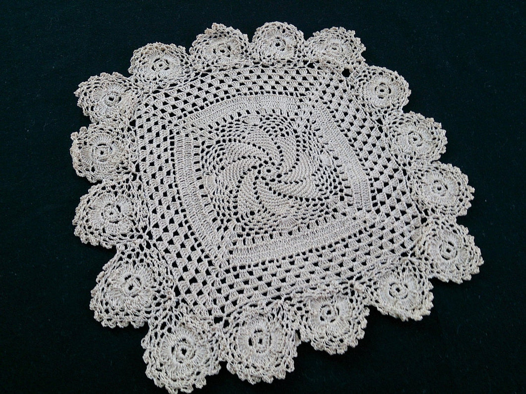 Square Ecru (Natural Cotton Colour) Vintage Pinwheel Pattern Handmade Crocheted Doily