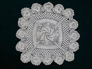 Square Ecru (Natural Cotton Colour) Vintage Pinwheel Pattern Handmade Crocheted Doily
