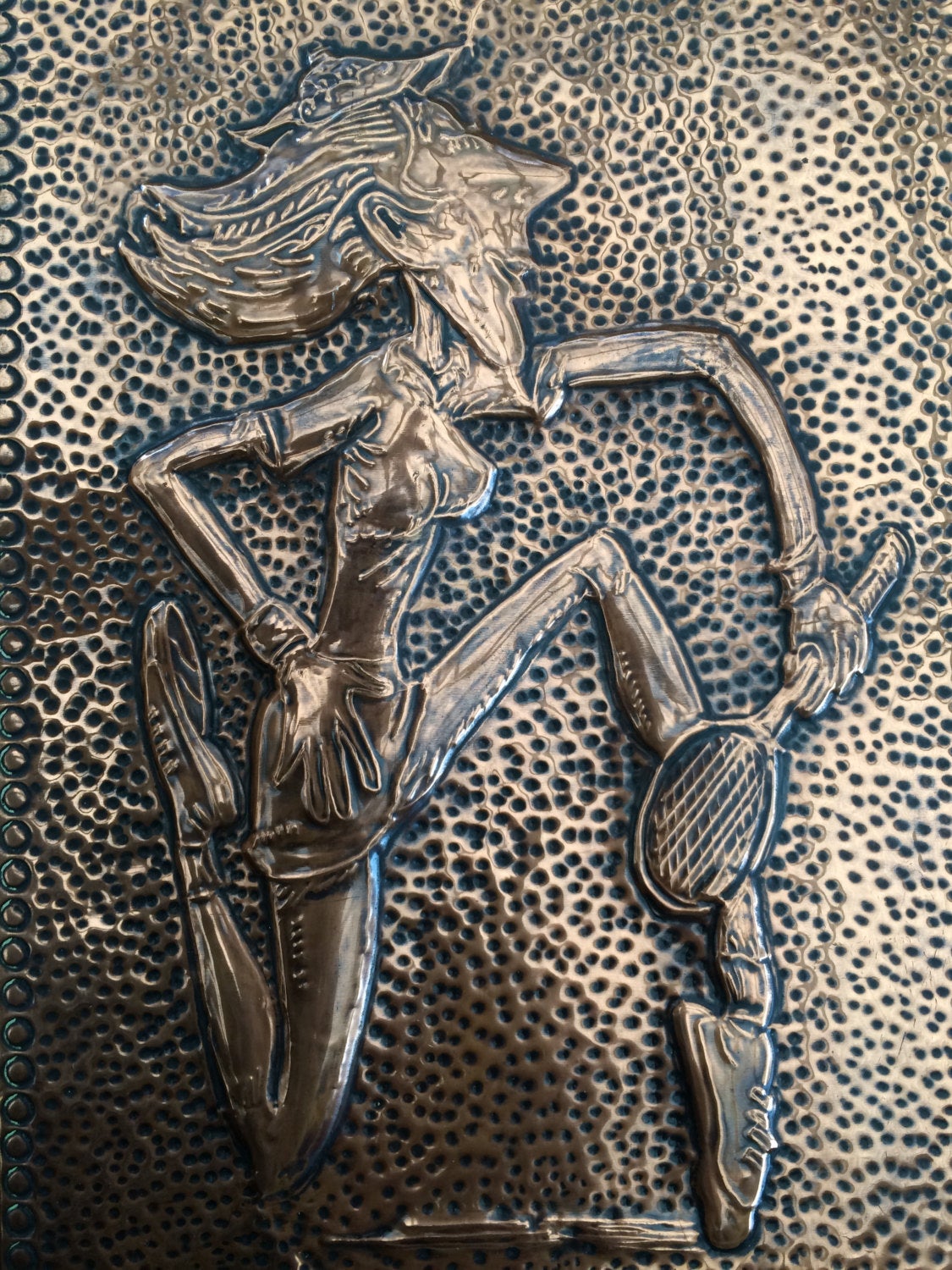 Retro Vintage Hammered Copper Caricature Picture of Female Tennis Player Dated 1951. Copper Art
