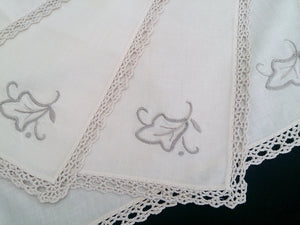 Set of 4 Vintage Ivory and Ecru Embroidered Cotton Linen Napkins with Ecru Coloured Crochet Lace Border (Edging)