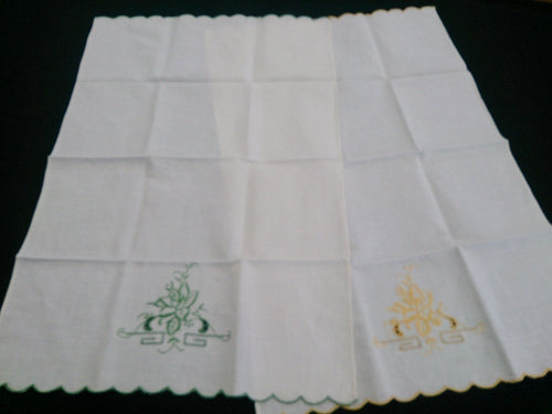 Set of 2 Hand Embroidered White, Green and Yellow Cotton Linen Tea Towels with Scalloped Edges