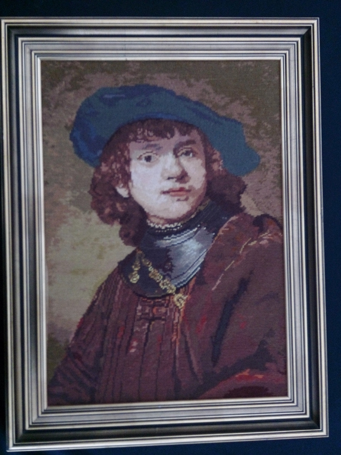 Large Framed Tapestry Picture. Gobelin Portrait of a Young Man