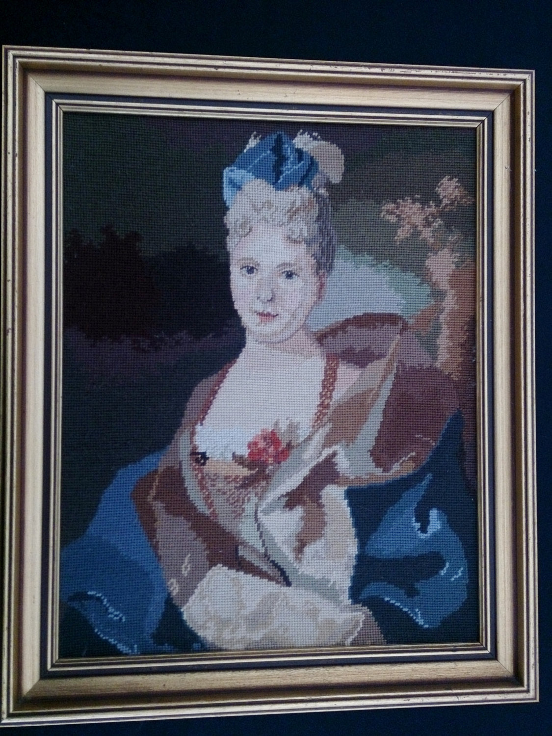 Vintage Tapestry Picture. Framed Gobelin Portrait of a Lady