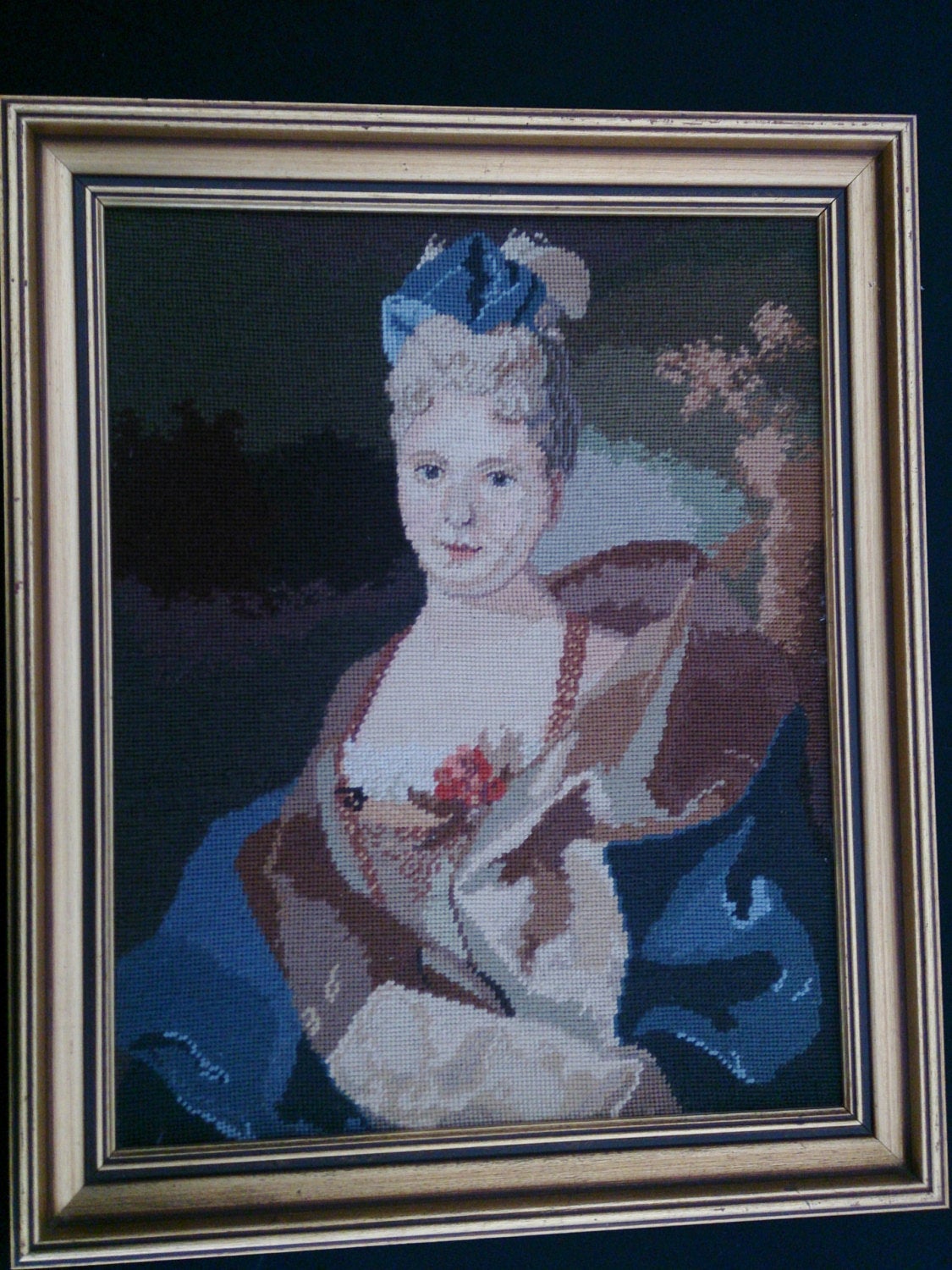 Vintage Tapestry Picture. Framed Gobelin Portrait of a Lady
