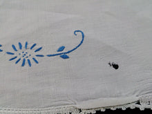 Load image into Gallery viewer, Vintage Embroidered Blue and White Square Linen Tablecloth with White Crochet Lace Edging
