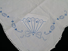 Load image into Gallery viewer, Vintage Embroidered Blue and White Square Linen Tablecloth with White Crochet Lace Edging