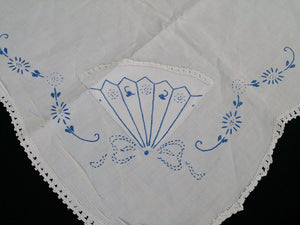 Vintage Embroidered Blue and White Square Linen Tablecloth with White Crochet Lace Edging